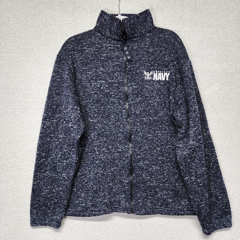 Mens United States Navy Full Zip Sweater Jacket Size L Marled Blue Mock Neck